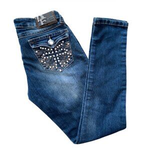D-FUZ WOMEN SIZE 5 / 6 Skinny Jeans Mid Rise Jeweled Pockets Medium Blue No Hole